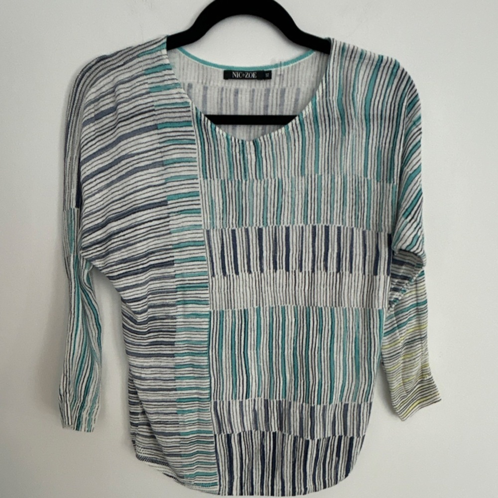 NIC+ZOE Women's Lightweight Knit Pullover Sweater Striped Scoop Neck 3/4 XS Blue